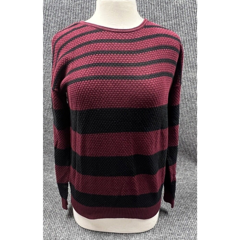 Forever 21 Sweater Womens Small Maroon Black Striped Knit Top‎ Pullover Stretchy